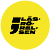 Rund logotyp. Texten Läsrörelsen i svart mot gul bakgrund.
